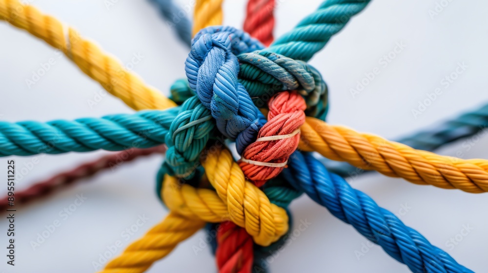 Colorful ropes tied together in a knot. Colorful ropes tied together in a knot.