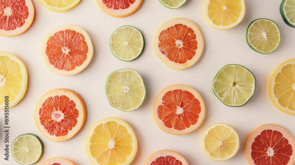 Slices of citrus fruits like lemon, lime, and grapefruit arranged in a pattern on a white background Slices of citrus fruits like lemon, lime, and grapefruit arranged in a pattern on a white background