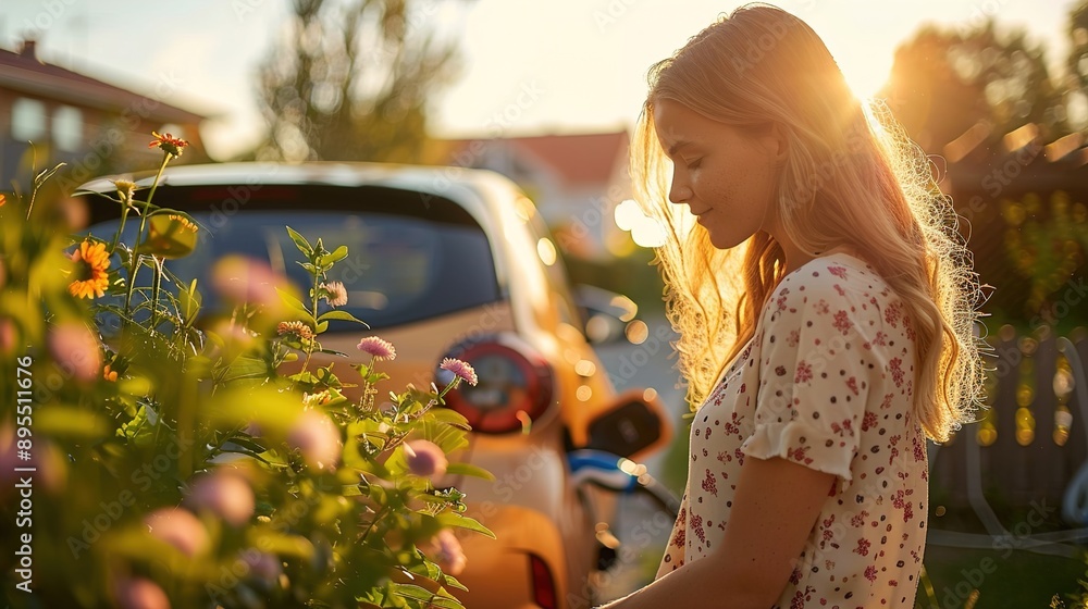 Naklejka premium Eco-Friendly Woman Charging Electric Car in Bright Outdoor Setting with Modern Technology