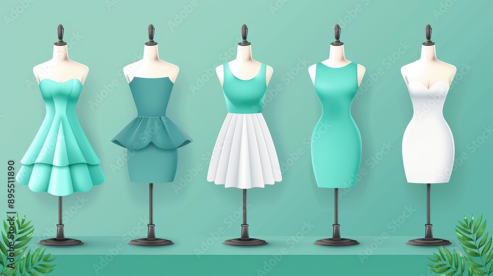 A vibrant row of sleek plastic mannequins displaying an array of stylish clothing. Perfect for fashion showcases A vibrant row of sleek plastic mannequins displaying an array of stylish clothing. Perfect for fashion showcases