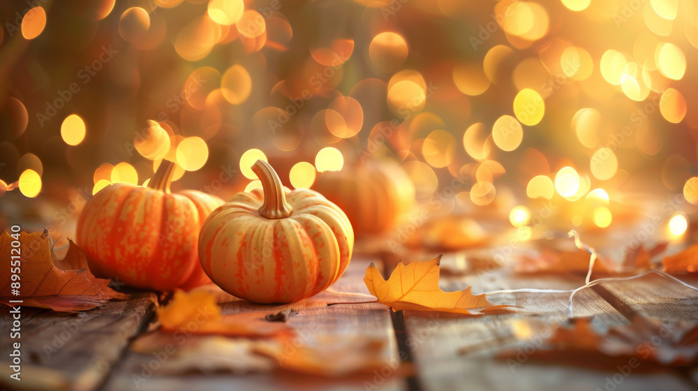 Cute little pumpkins and autumn leaves on a wooden table, with fairy lights and a blurred background. Perfect for Thanksgiving or harvest-themed decorations. Cute little pumpkins and autumn leaves on a wooden table, with fairy lights and a blurred background. Perfect for Thanksgiving or harvest-themed decorations.