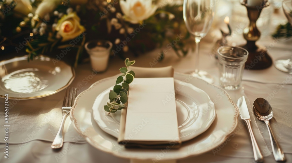 Sophisticated table setting with an empty menu card or booking card, suitable for wedding and special occasion invitations. Sophisticated table setting with an empty menu card or booking card, suitable for wedding and special occasion invitations.