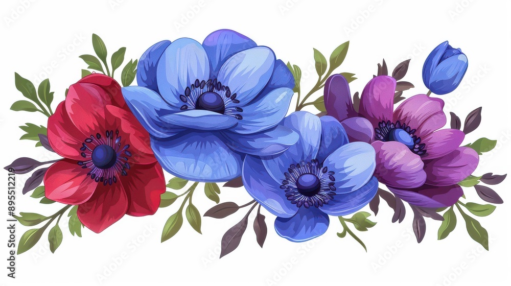 Vibrant anemones in full bloom. Ideal illustration for summer themes, adding charm and freshness to any design project. Vibrant anemones in full bloom. Ideal illustration for summer themes, adding charm and freshness to any design project.
