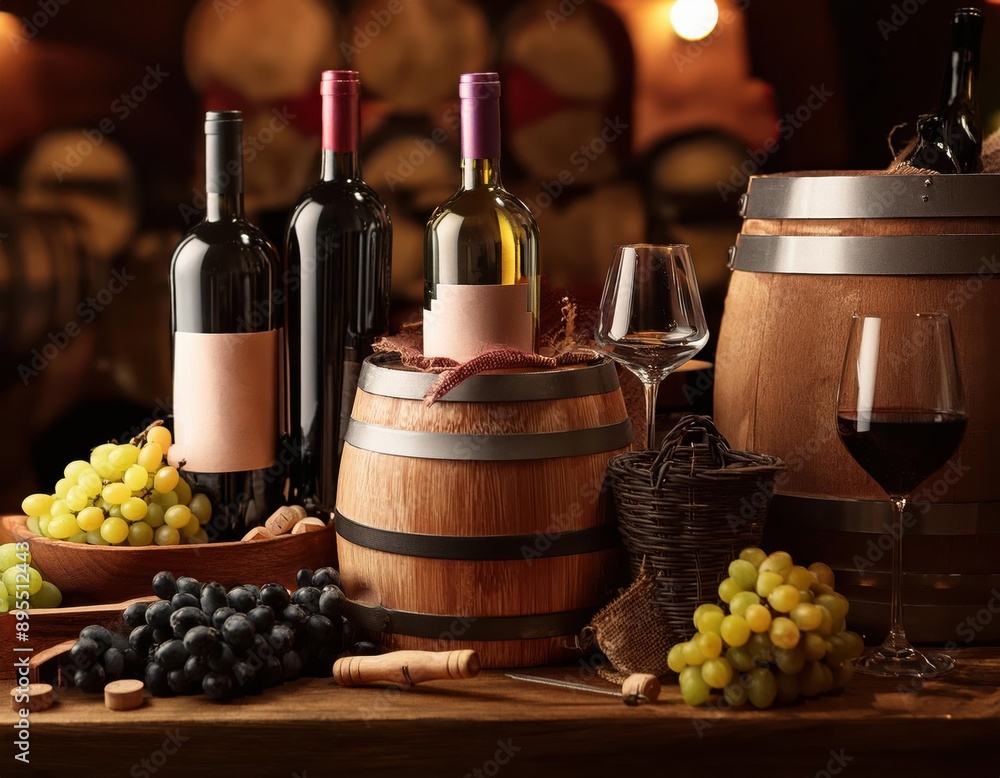 Naklejka premium A table with a bottle of wine, a glass, and a wooden barrel with grapes and cheese