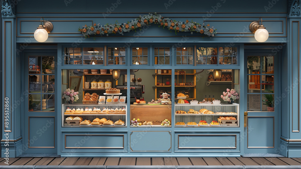 Charming French Bakery Frontage with Inviting Blue Facade and Delectable Displays