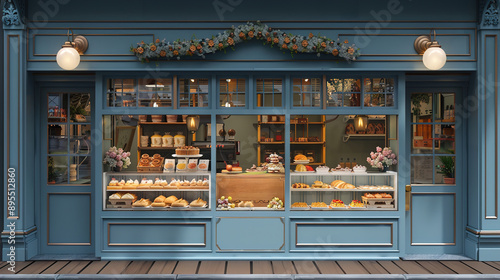 Obraz na płótnie Charming French Bakery Frontage with Inviting Blue Facade and Delectable Displays w salonie