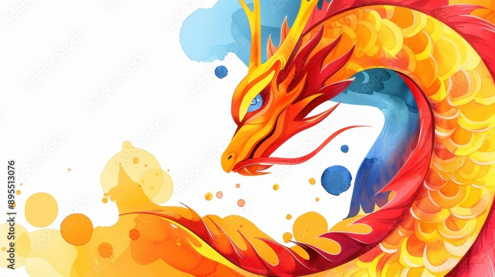 Fototapeta premium Vibrant dragon face painted in soft watercolors, showcasing a realistic and colorful design against a crisp white backdrop.
