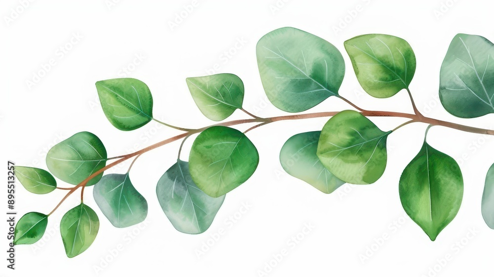Obraz premium Fresh green eucalyptus leaves in vibrant watercolor, perfect for naturethemed designs and calming decor.