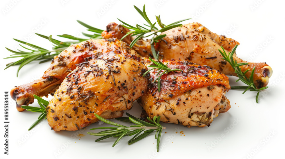Delicious roasted chicken with rosemary seasoning on a plain white background. Delicious roasted chicken with rosemary seasoning on a plain white background.