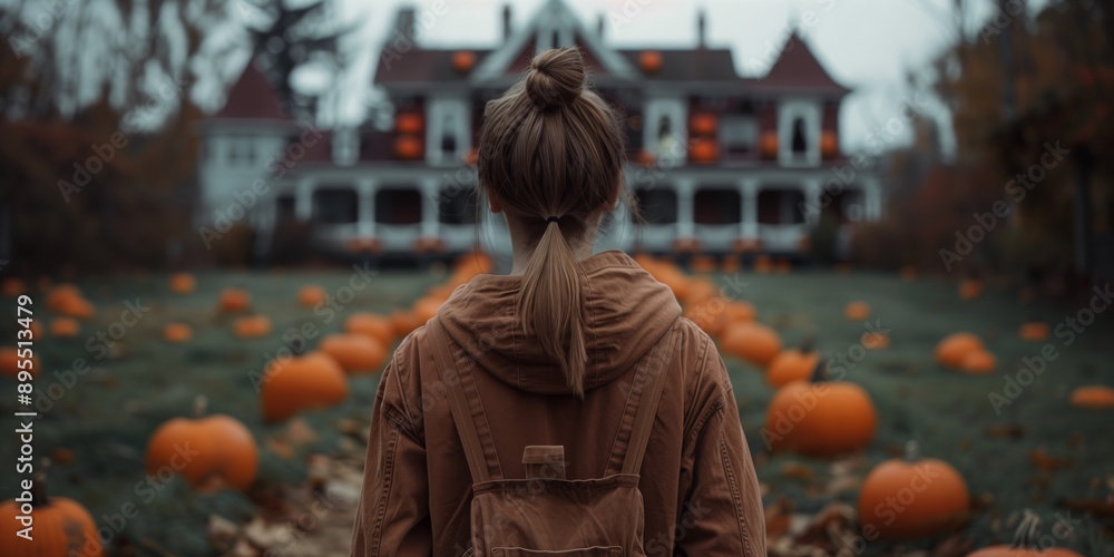 A woman walks through a field of pumpkins towards an old house with lights in the windows A woman walks through a field of pumpkins towards an old house with lights in the windows
