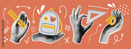 Back to school collage hands set. Trendy vector gesture signs. Modern forms for card, print on cloth. Halftone hands.