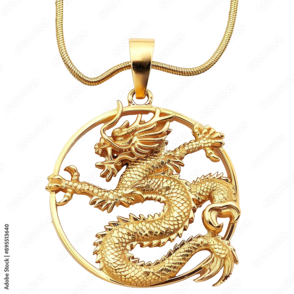 Naklejka premium Golden Dragon Pendant on Chain PNG Transparency
