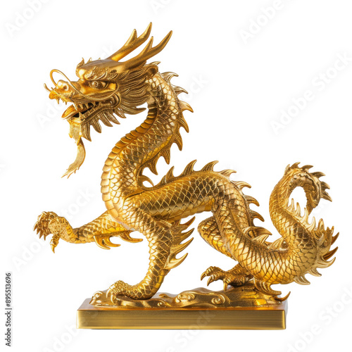 Luxurious Golden Dragon Sculpture Intricate Design PNG Transparency