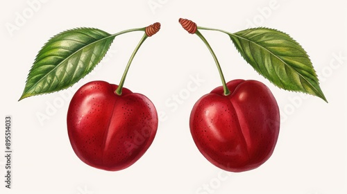 A vivid cherry stands out against a clean background, showcasing the intricate beauty of old botanical artistry.