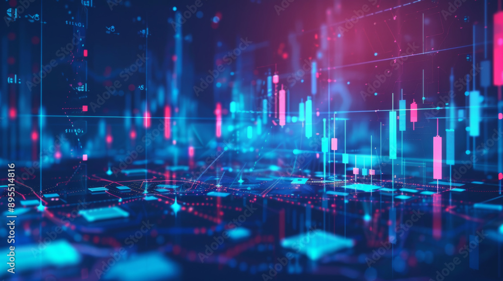 Digital exchange platforms where stocks are traded online. Blue polygonal background with a 3D effect, showing investment candlesticks and dollar coins. Wireframe style low poly count. Digital exchange platforms where stocks are traded online. Blue polygonal background with a 3D effect, showing investment candlesticks and dollar coins. Wireframe style low poly count.