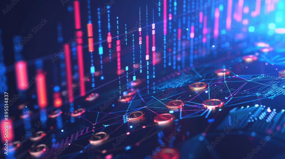 Digital exchange platforms where stocks are traded online. Blue polygonal background with a 3D effect, showing investment candlesticks and dollar coins. Wireframe style low poly count. Digital exchange platforms where stocks are traded online. Blue polygonal background with a 3D effect, showing investment candlesticks and dollar coins. Wireframe style low poly count.