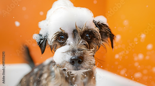 Dog grooming,  dog bath and Covered in Bubbles During Bath Time with isolated orang background