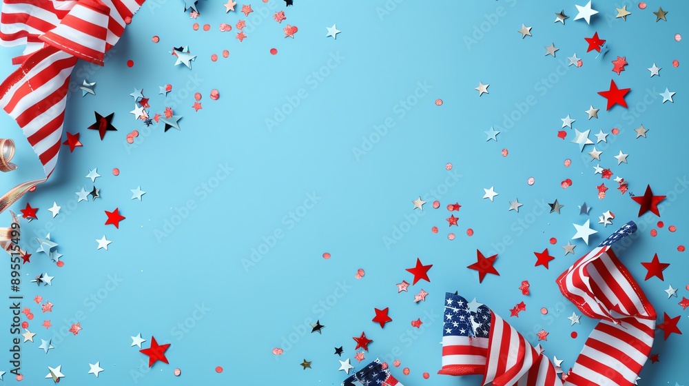 Obraz premium Festive American Flag Decor with Stars and Confetti on Blue Background.