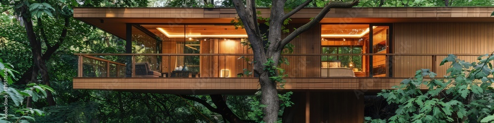 A contemporary luxury treehouse, featuring sleek wooden panels and floor-to-ceiling windows, perched among mature trees in a secluded forest A contemporary luxury treehouse, featuring sleek wooden panels and floor-to-ceiling windows, perched among mature trees in a secluded forest