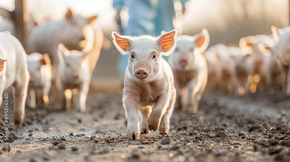 A group of adorable piglets walking on a farm path, with a farmer in the background, showcasing rural life and agriculture. A group of adorable piglets walking on a farm path, with a farmer in the background, showcasing rural life and agriculture.