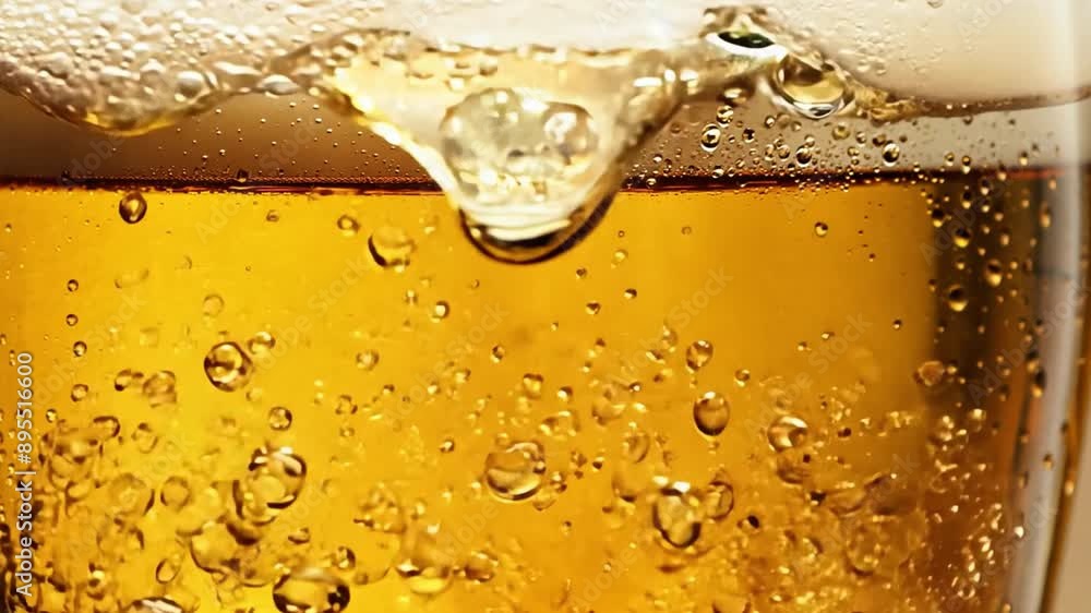 Golden frothy beer in a glass with bubbles and foam, macro shot highlighting the refreshing cold beverage Golden frothy beer in a glass with bubbles and foam, macro shot highlighting the refreshing cold beverage