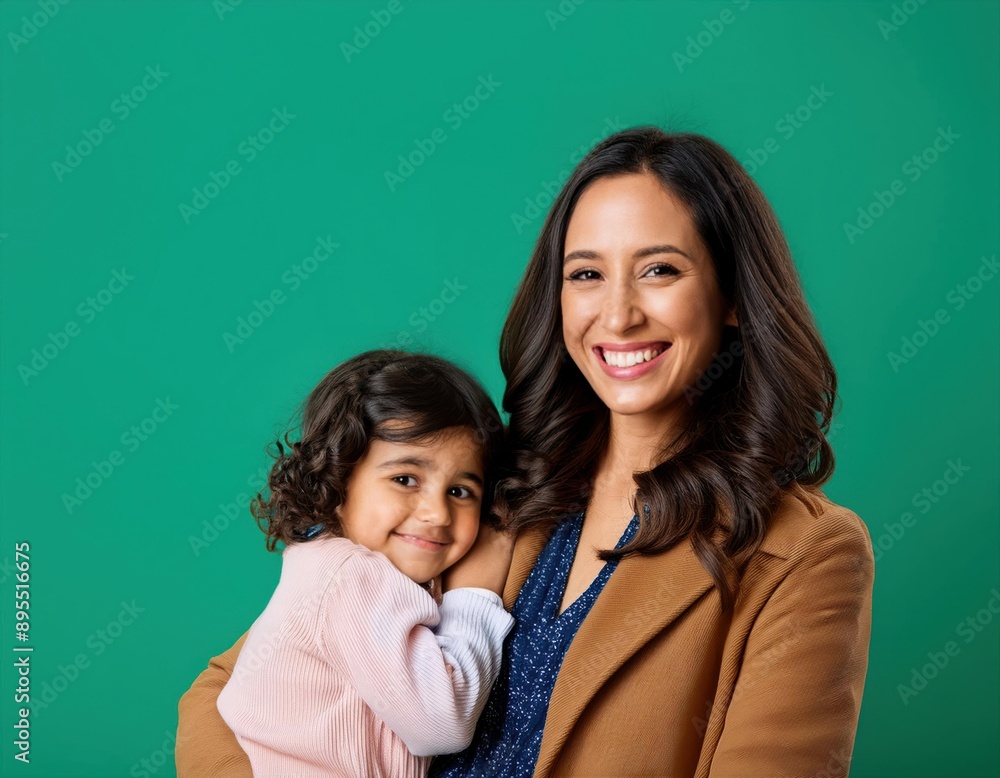 Fashion smiling mother holding her kid on solid color background, love concept Fashion smiling mother holding her kid on solid color background, love concept