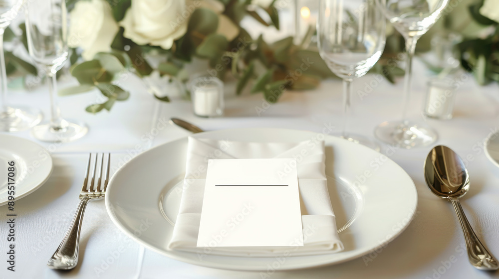 Stylish table setting with a blank menu card, perfect for wedding and event invitations Stylish table setting with a blank menu card, perfect for wedding and event invitations