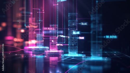 conceptual image of a budget as a series of interconnected digital beams of light, each beam adjustable and labeled with financial terms, representing the flow of funds