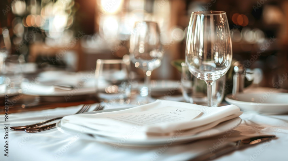 Tastefully set table with an empty menu card or booking card for wedding invitations and special occasions. Tastefully set table with an empty menu card or booking card for wedding invitations and special occasions.