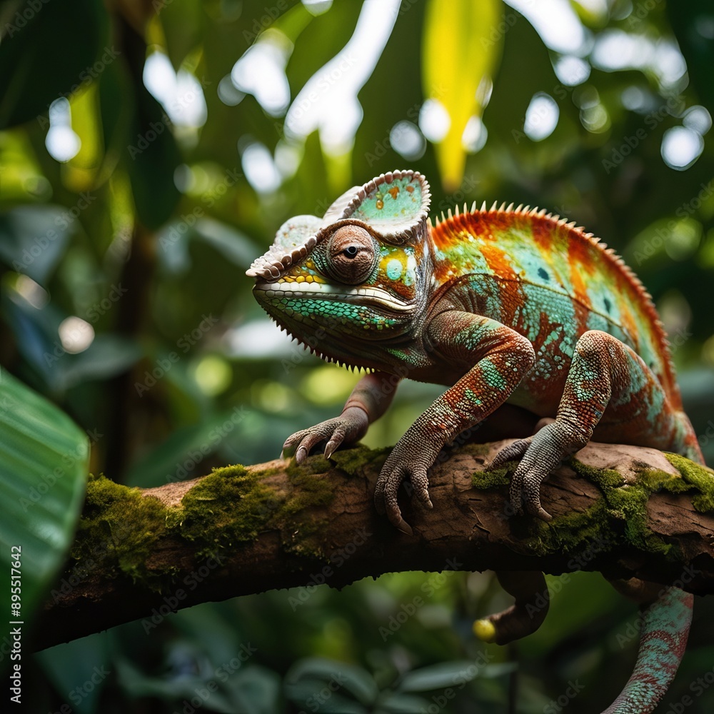 a colorful chameleon sitting on the branch of tree in a jungle ,vibrant ,ai generated a colorful chameleon sitting on the branch of tree in a jungle ,vibrant ,ai generated