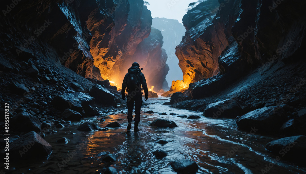 Fototapeta premium Reef Roams in Rainy Winter: The Explorer's Tale Immersed in Landslide
