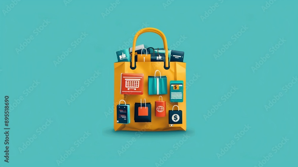 Fototapeta premium A vibrant illustration of a yellow shopping bag filled with digital icons representing various aspects of e-commerce and online shopping.