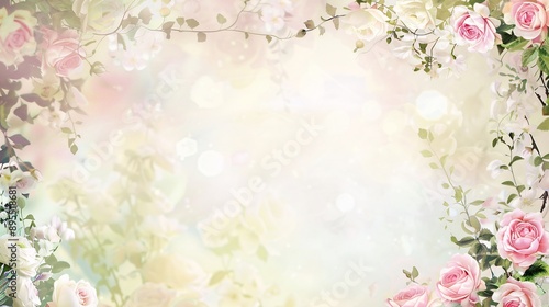 Floral Frame with Pastel Roses and Bokeh Background