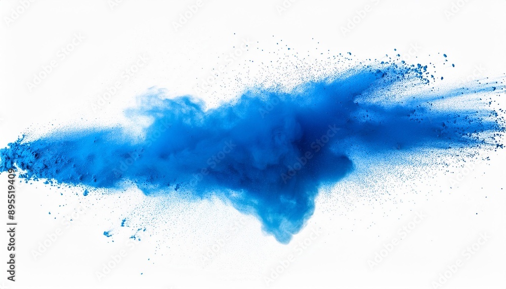 Vibrant blue powder explosion creating a dynamic and artistic pattern against a clean, white background. Vibrant blue powder explosion creating a dynamic and artistic pattern against a clean, white background.