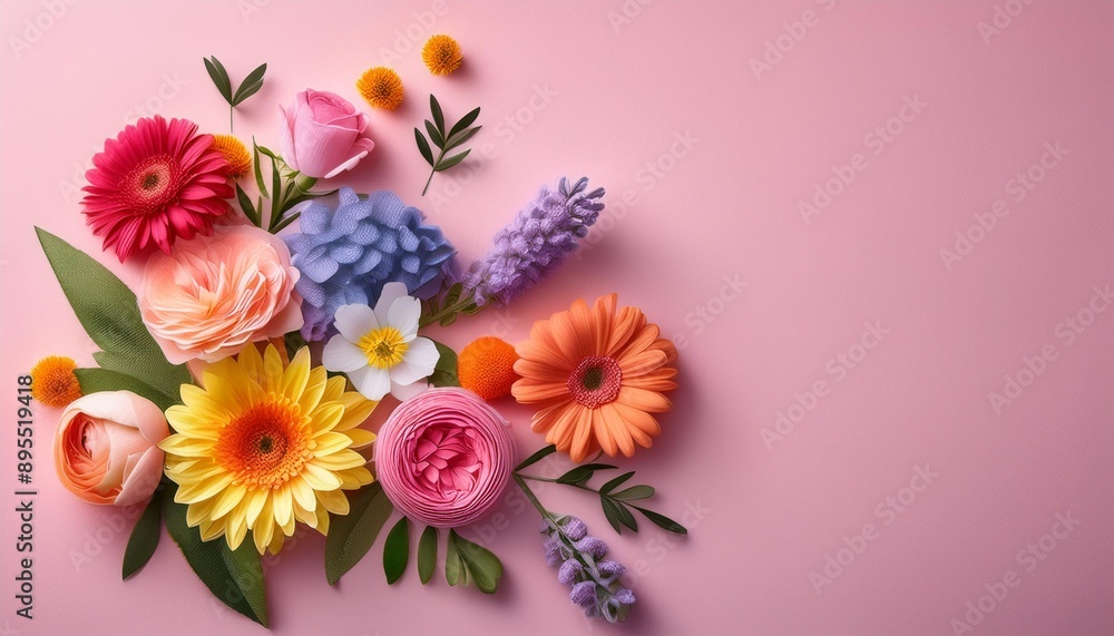 A vibrant arrangement of colorful flowers on a soft pink background, perfect for decoration or botanical inspiration. A vibrant arrangement of colorful flowers on a soft pink background, perfect for decoration or botanical inspiration.