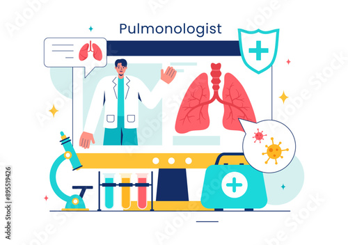 Pulmonologist Vector Illustration with Pulmonology Doctor, Lungs, Respiratory System Examination, and Treatment in Flat Style Cartoon Background
