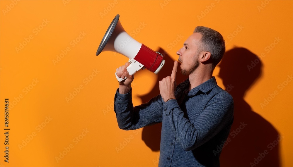 Fototapeta premium A man holding a megaphone while making a shushing gesture against a vibrant orange background.