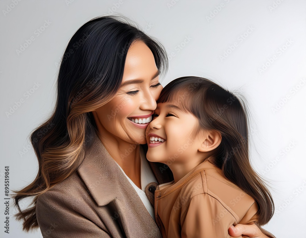 Fashion smiling mother holding her kid on solid color background, love concept Fashion smiling mother holding her kid on solid color background, love concept
