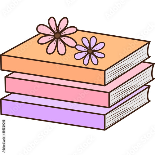 Fotografi Stack books with daisy flowers clipart, Groovy retro halloween bookish illustrat