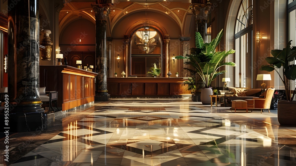 Fototapeta premium A stunning luxury hotel lobby featuring elegant architecture, polished marble floors, and lush indoor greenery. 
