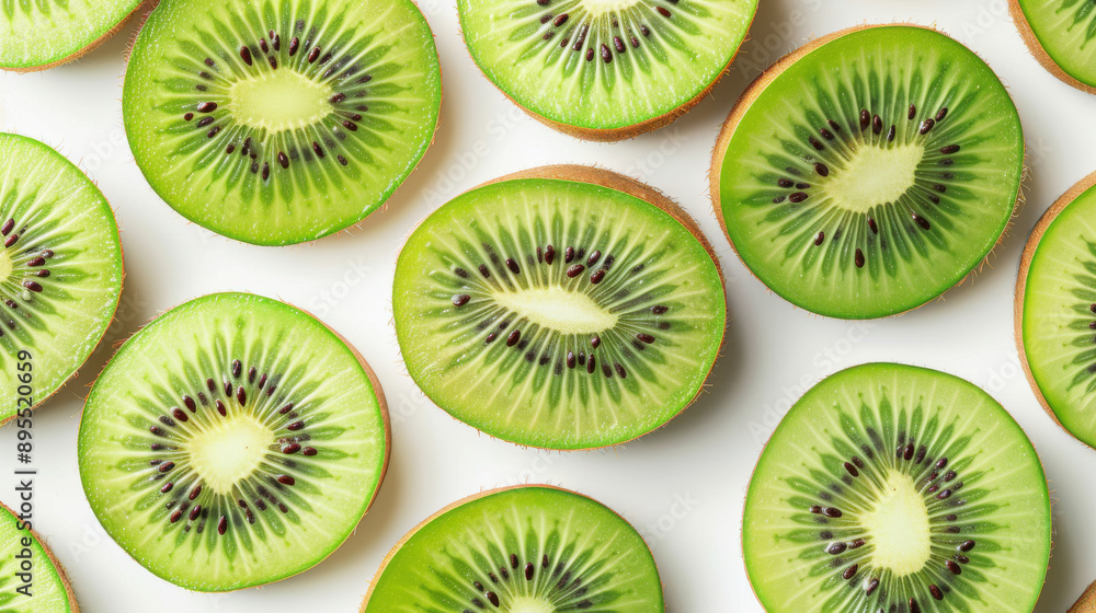 Whole and cut kiwis placed neatly on a white background, revealing the bright green flesh Whole and cut kiwis placed neatly on a white background, revealing the bright green flesh