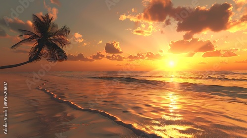 Tranquil Beach at Sunset with Gentle Waves Lapping at the Shore and a Lone Palm Tree Silhouetted Against the Golden Horizon for a Serene Coastal Scene