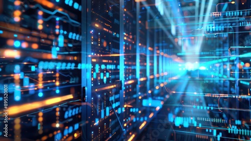 conceptual image of a financial data center  with rows of servers emitting blue light and streaming data about global markets