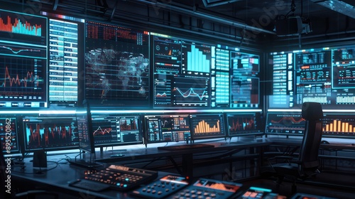 conceptual image of a high-tech financial analysis lab, with multiple screens displaying complex algorithms and data analytics