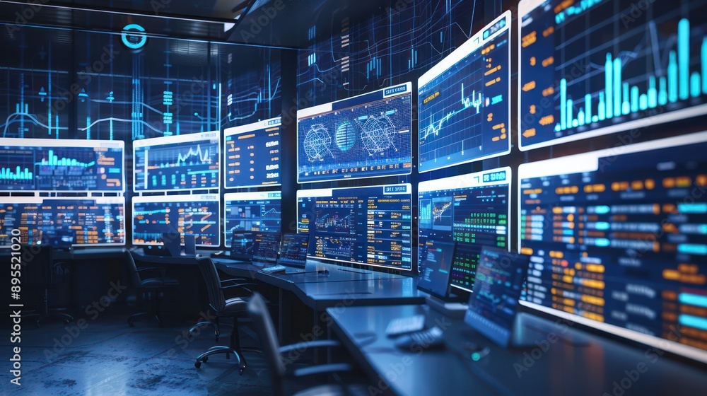 Fototapeta premium conceptual image of a high-tech financial analysis lab, with multiple screens displaying complex algorithms and data analytics
