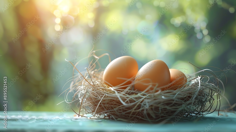 A serene image of fresh brown eggs nestled in a natural nest, illuminated by soft sunlight in a peaceful outdoor setting. A serene image of fresh brown eggs nestled in a natural nest, illuminated by soft sunlight in a peaceful outdoor setting.