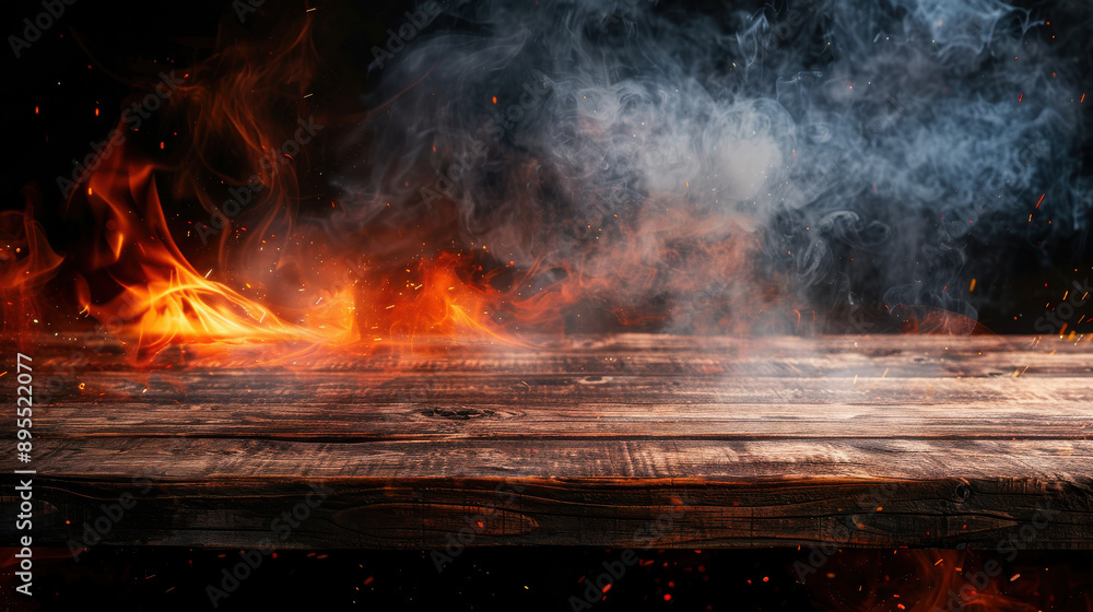 Wooden table with fire burning at the edges, sparks and smoke against a dark backdrop, ideal for product display. Wooden table with fire burning at the edges, sparks and smoke against a dark backdrop, ideal for product display.