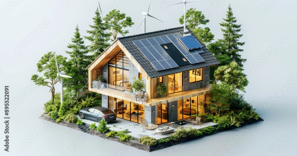 Eco-friendly house with modern architecture and green technology, featuring solar panels and sustainable design, promoting energy-efficient living and renewable energy use Eco-friendly house with modern architecture and green technology, featuring solar panels and sustainable design, promoting energy-efficient living and renewable energy use