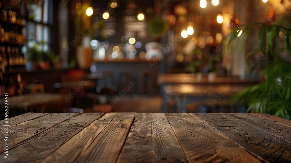 Rustic table with an empty wooden surface. The background is a blurry scene of a cafe, creating an abstract atmosphere. Rustic table with an empty wooden surface. The background is a blurry scene of a cafe, creating an abstract atmosphere.