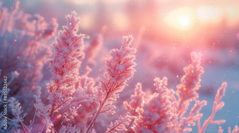 Pink frosted plants at sunrise - generative ai Pink frosted plants at sunrise - generative ai